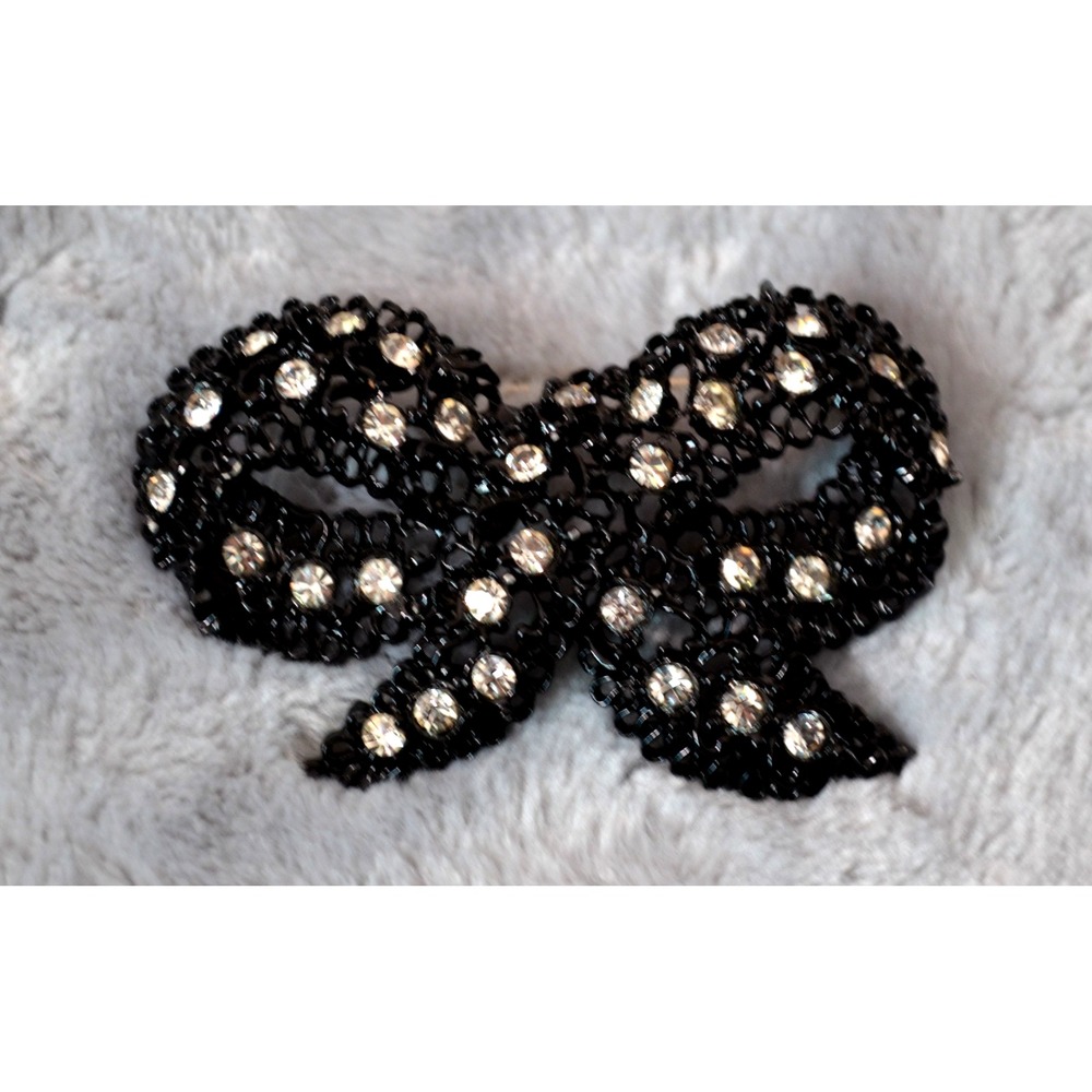 Vintage Black Lace Ribbon Bow Brooch Pin with Clear Rhinestones 2.25" x 1.5"